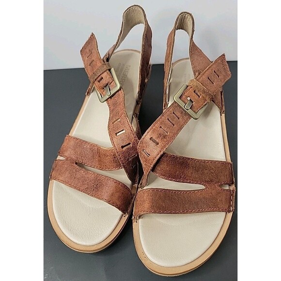 MERRELL‎ SIRAH LATTICE WOMENS WEDGE SANDAL BROWN LEATHER  WALKING SHOES SIZE 9 - Picture 1 of 16